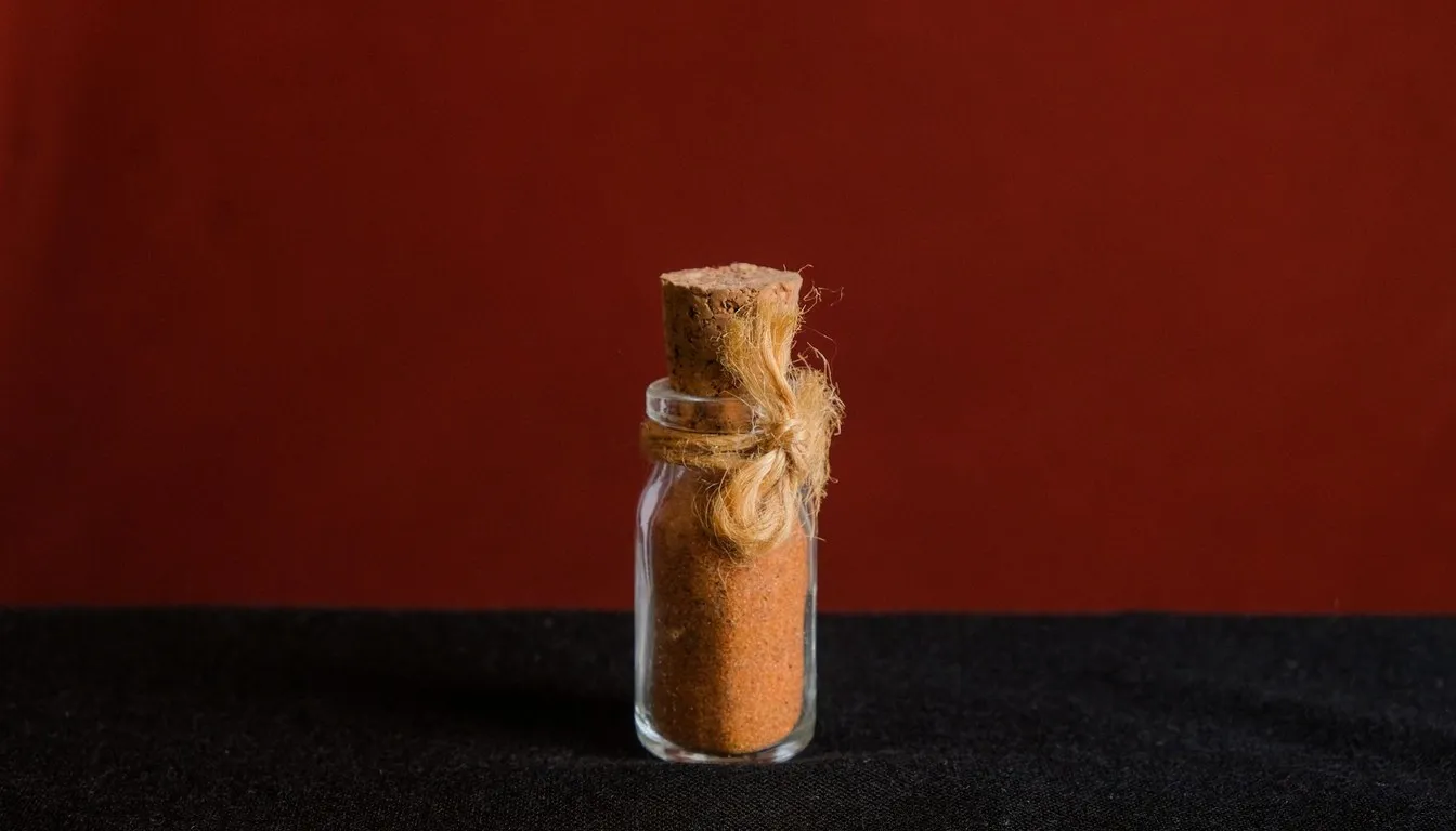 Small corked glass bottle filled with powder on a red background