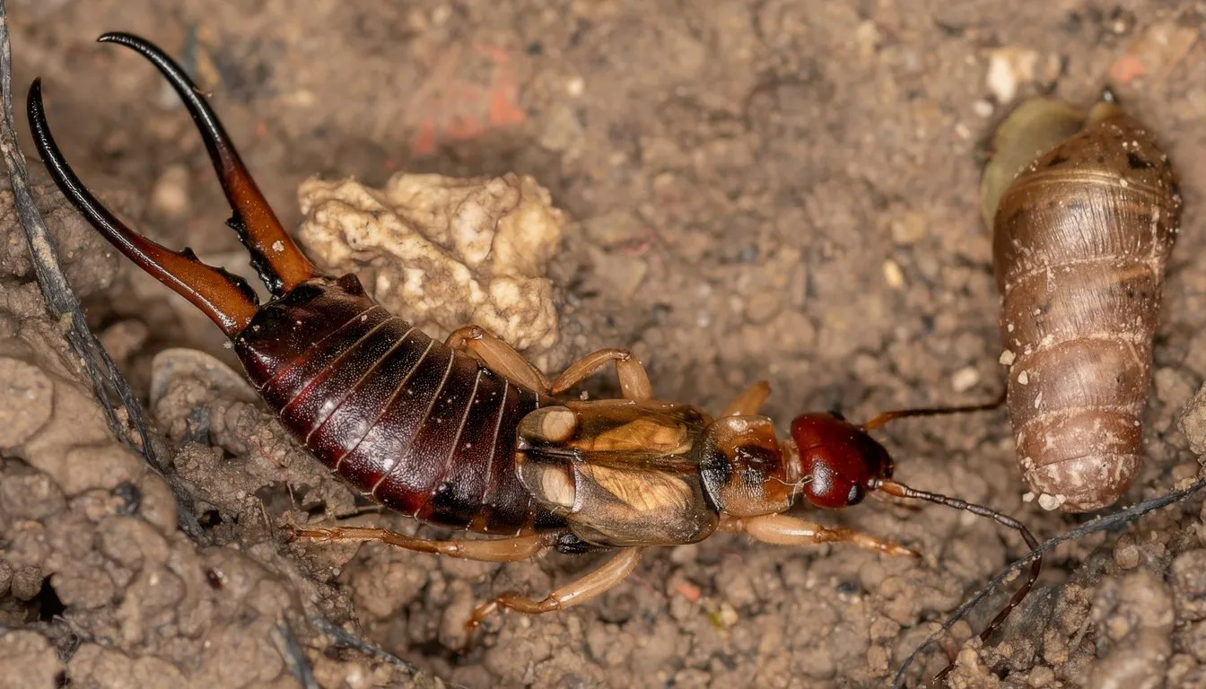 Earwig with pincers on sandy ground