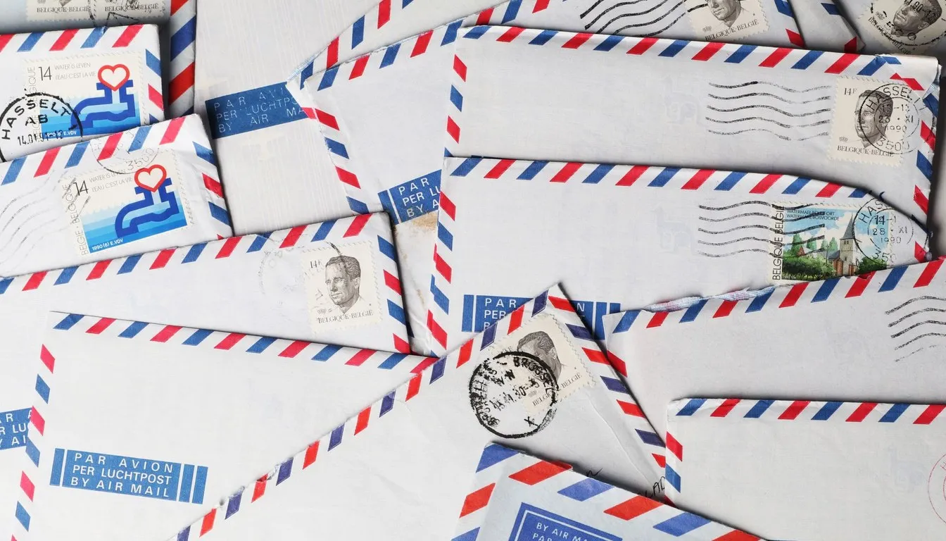 Airmail envelopes with stamps scattered on a surface