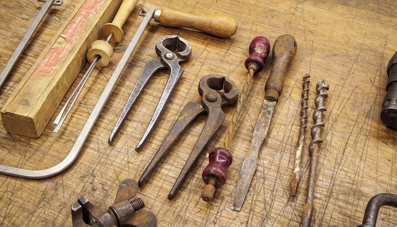 Antique hand tools laid out on a wooden surface