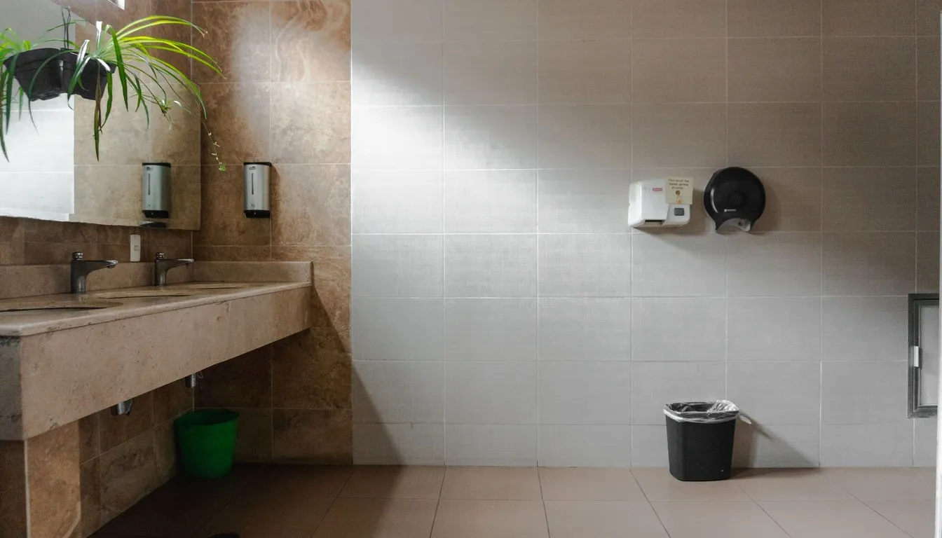 Wall-mounted hand dryer in a tiled public restroom