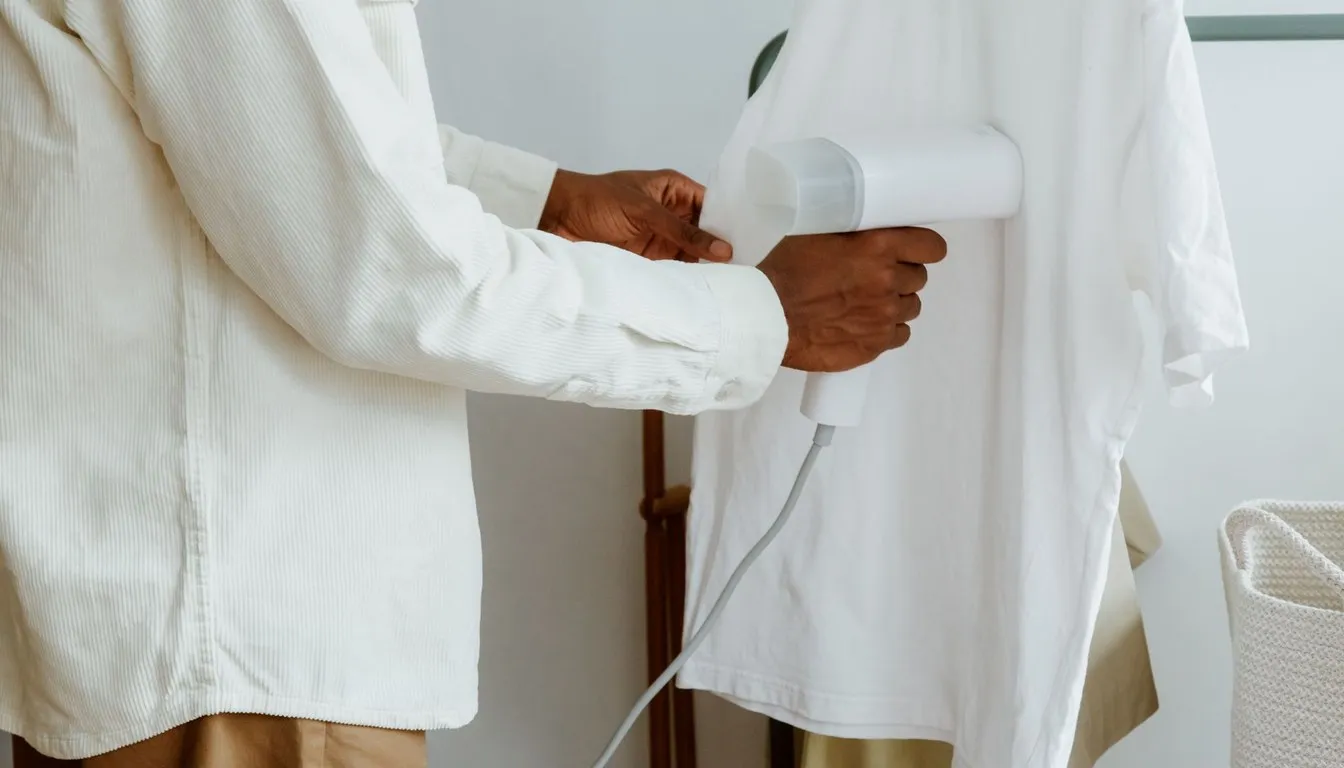 Person steaming a white garment