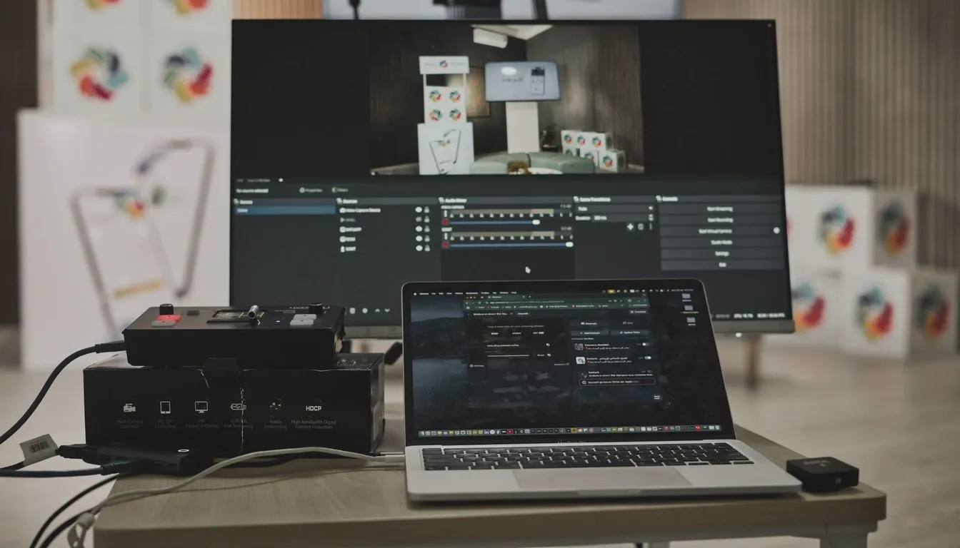 Laptop connected to external displays and AV equipment