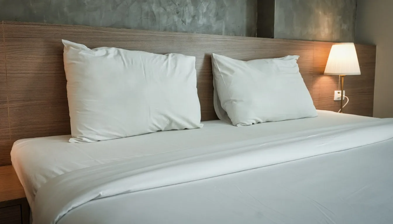 Bare mattress and pillows on a hotel bed