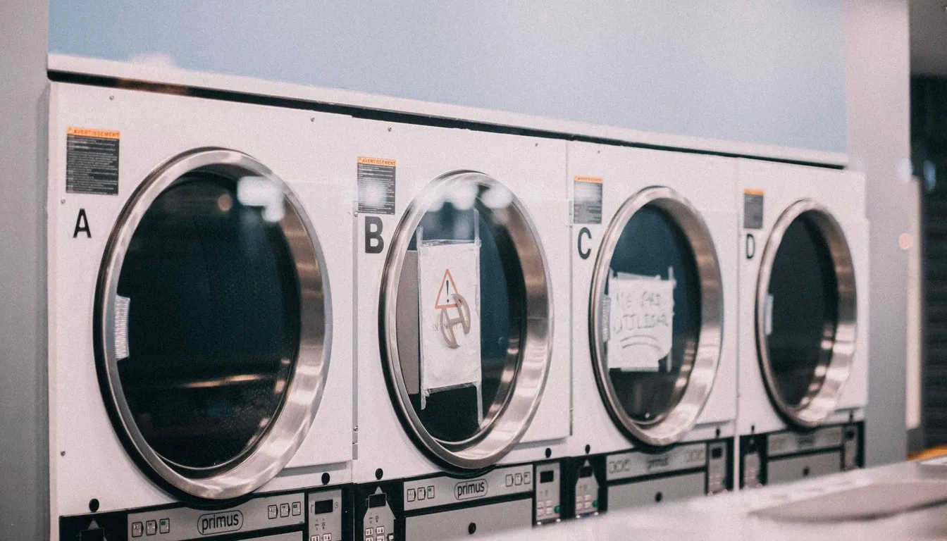 Bank of commercial dryers labeled A through D