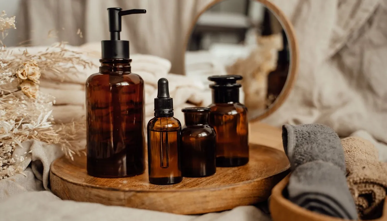 Amber dropper bottles arranged on a wooden tray