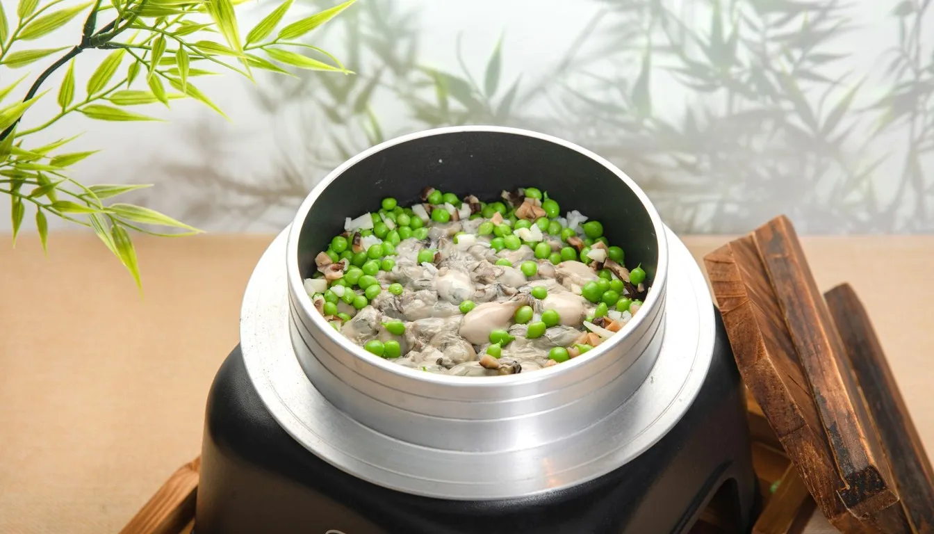 Cooked rice with peas in an open rice cooker
