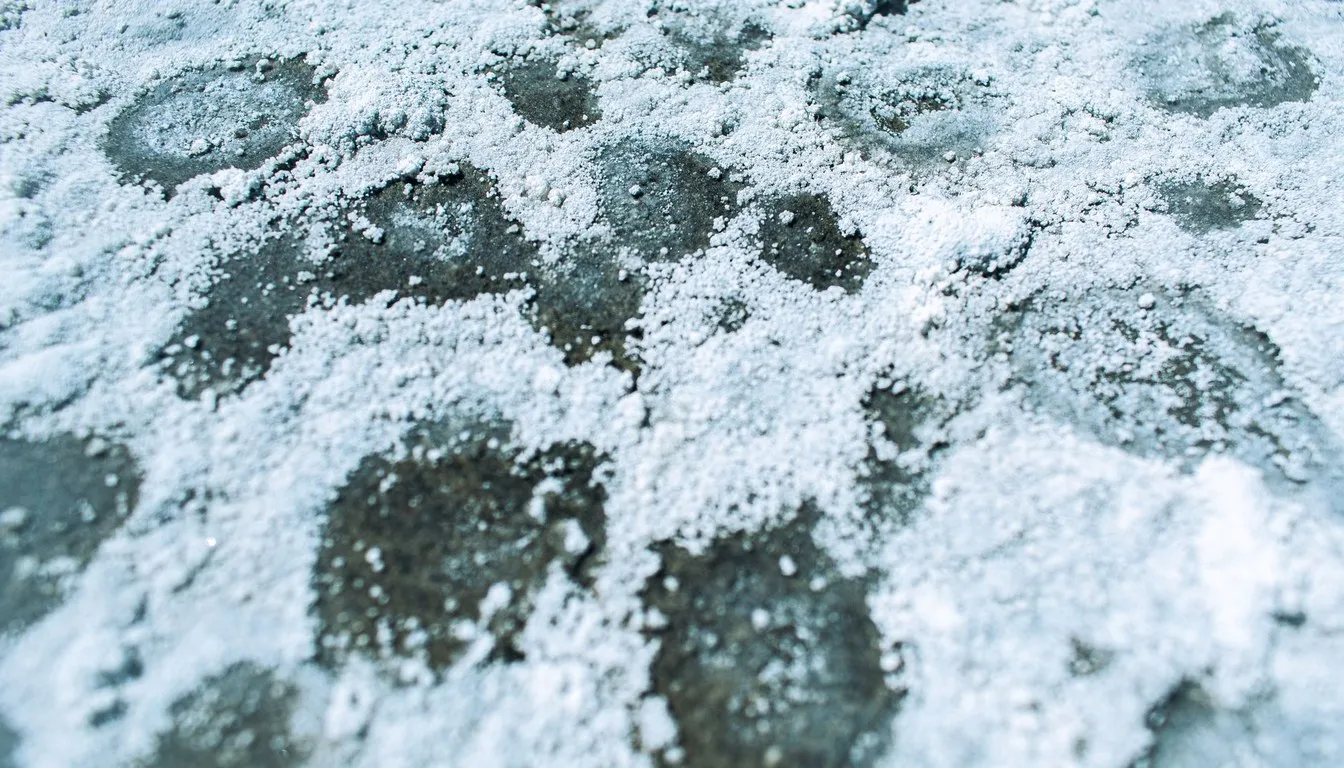 Coarse salt crystals on a dark surface