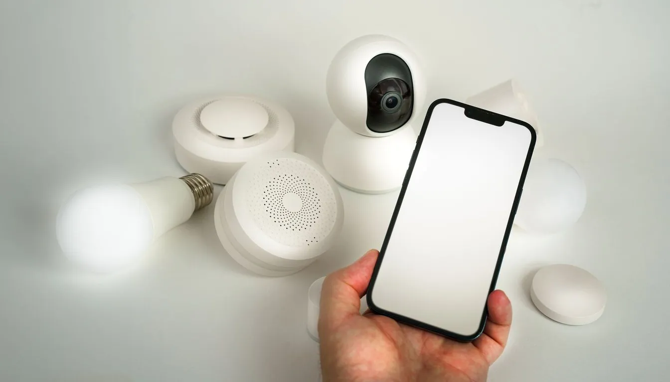 Smart home sensors and camera beside a smartphone