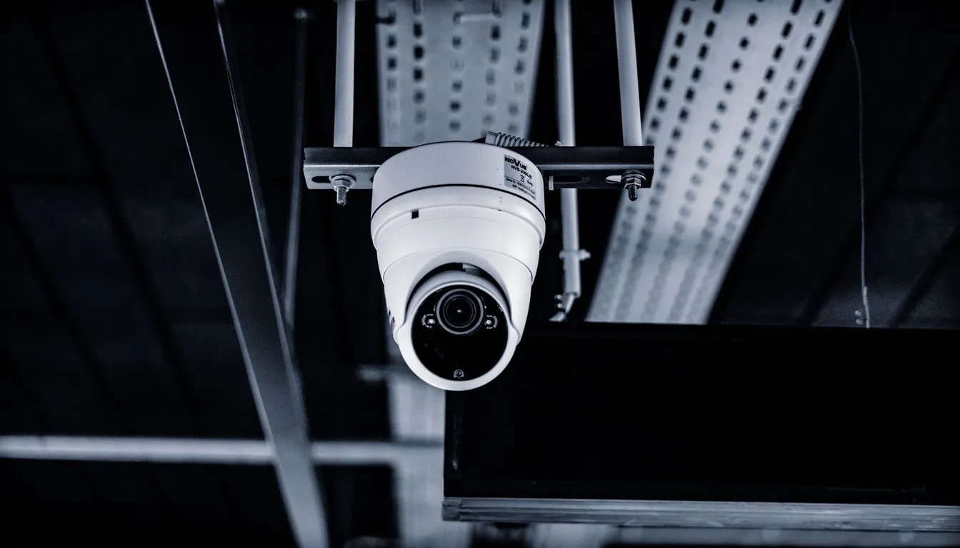 White dome surveillance camera mounted overhead